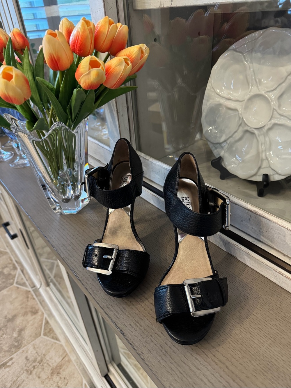 MICHAEL Michael Kors Black Leather Buckle Heel Sandals